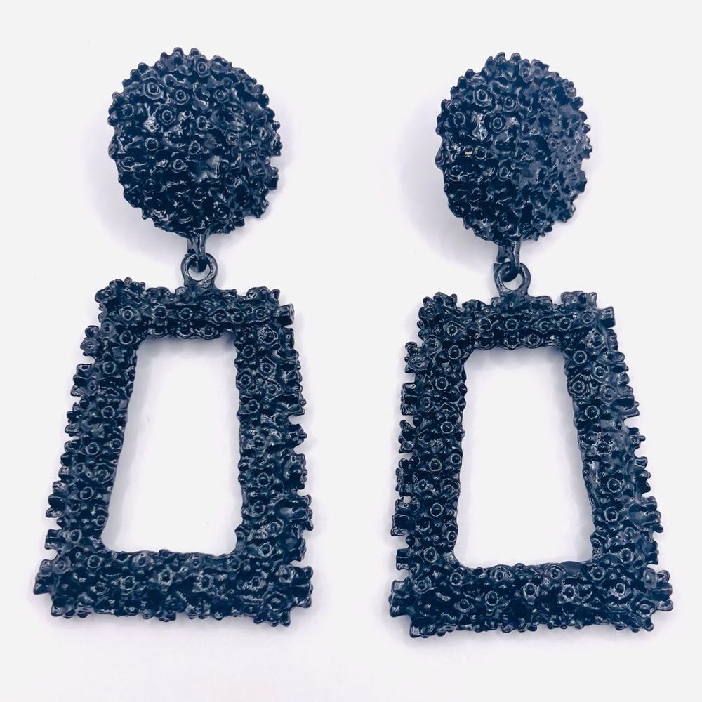 Maximalist Statement Retro Black Geometric Textured Dangle Earrings